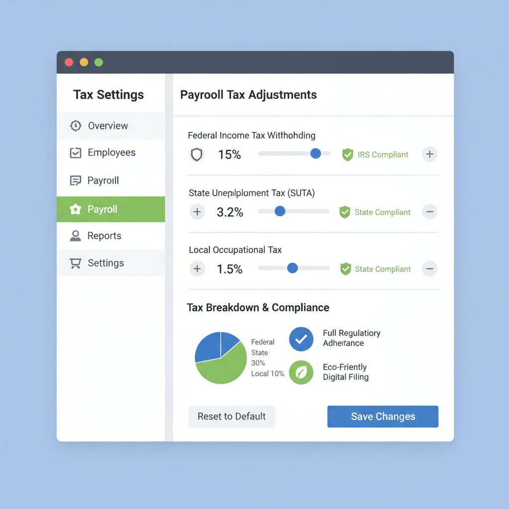 tax settings panel in payroll app, sliders for percentages, compliance badges, charts