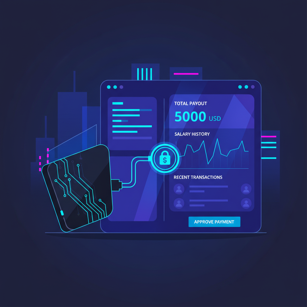 sleek blockchain wallet connecting to modern payroll dashboard UI, blue neon accents, secure lock icon, futuristic cyberpunk style