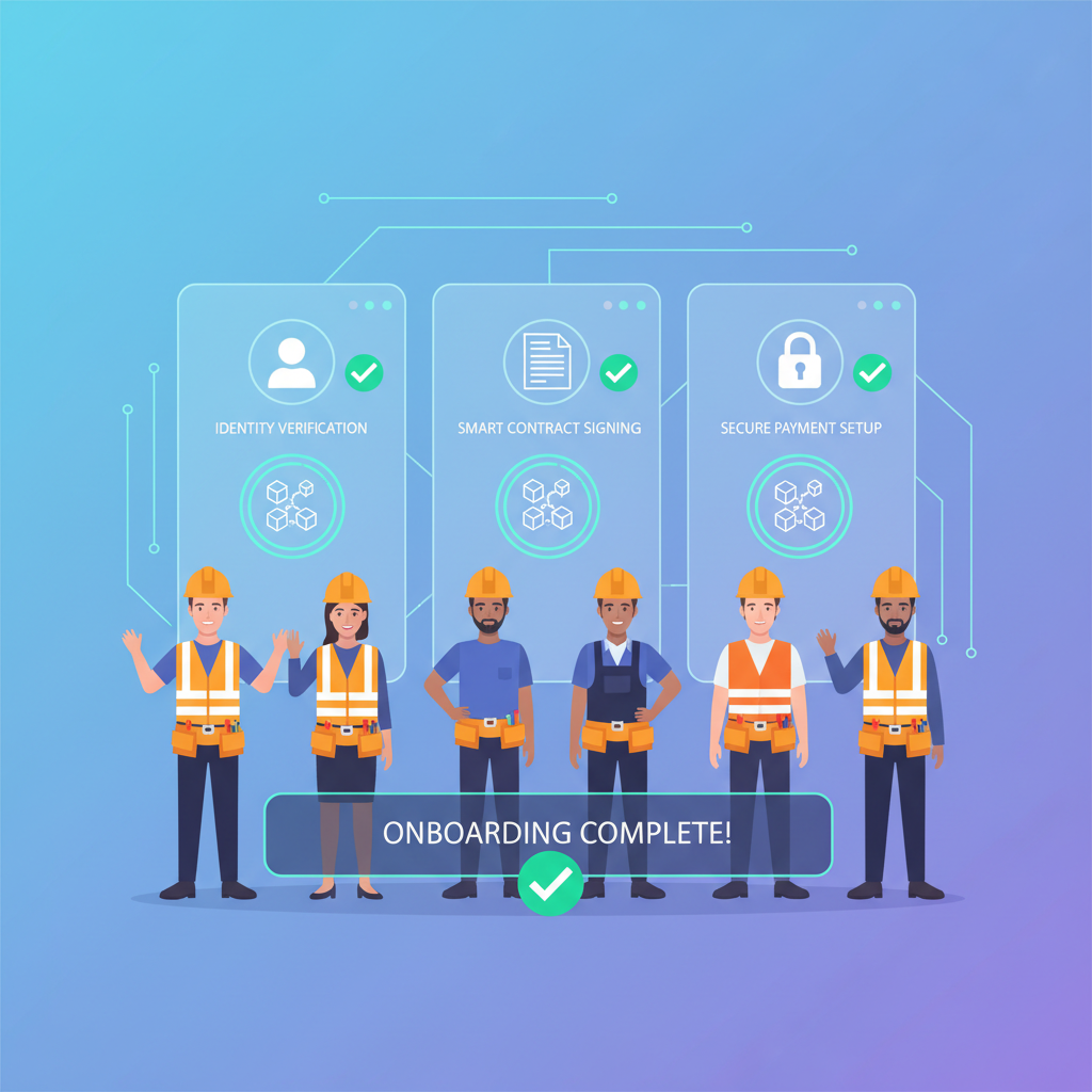 diverse contractors onboarding on sleek digital platform with blockchain icons and checkmarks