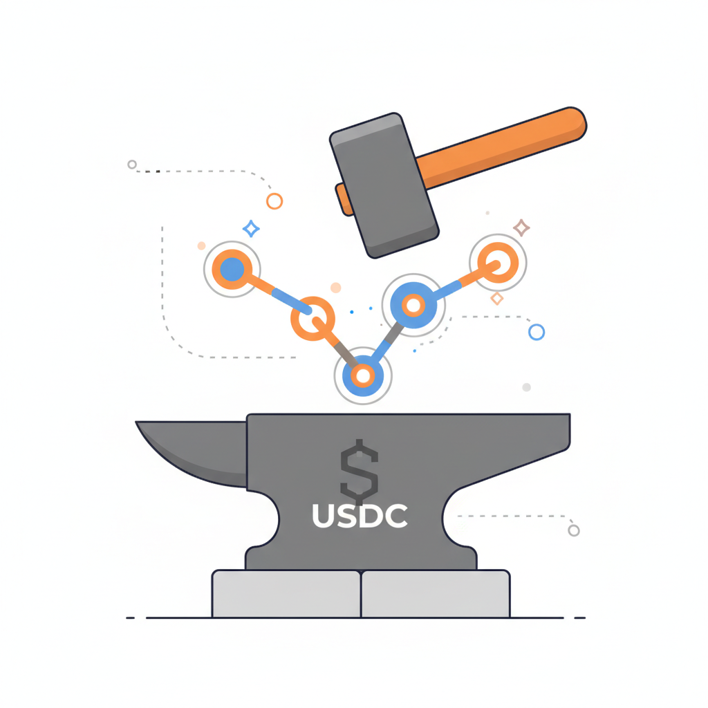 hammer forging glowing smart contract chains, anvil with USDC symbols