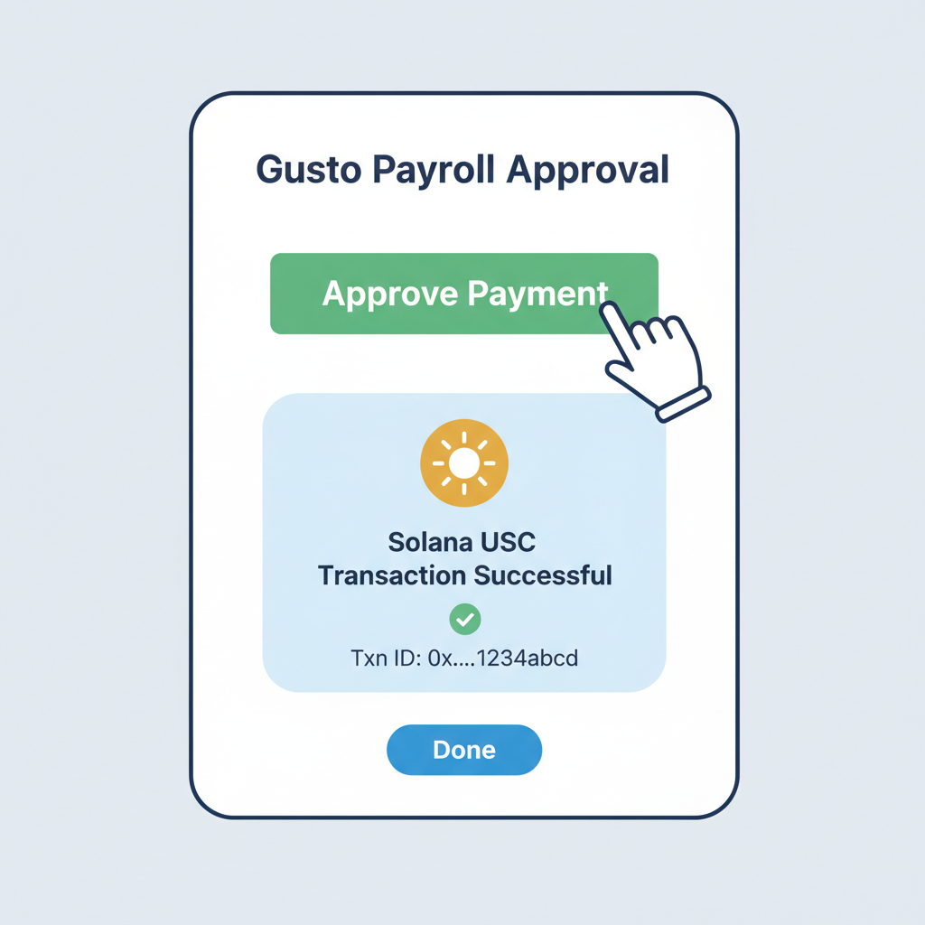 admin clicking approve on Gusto payment screen, Solana USDC transaction success