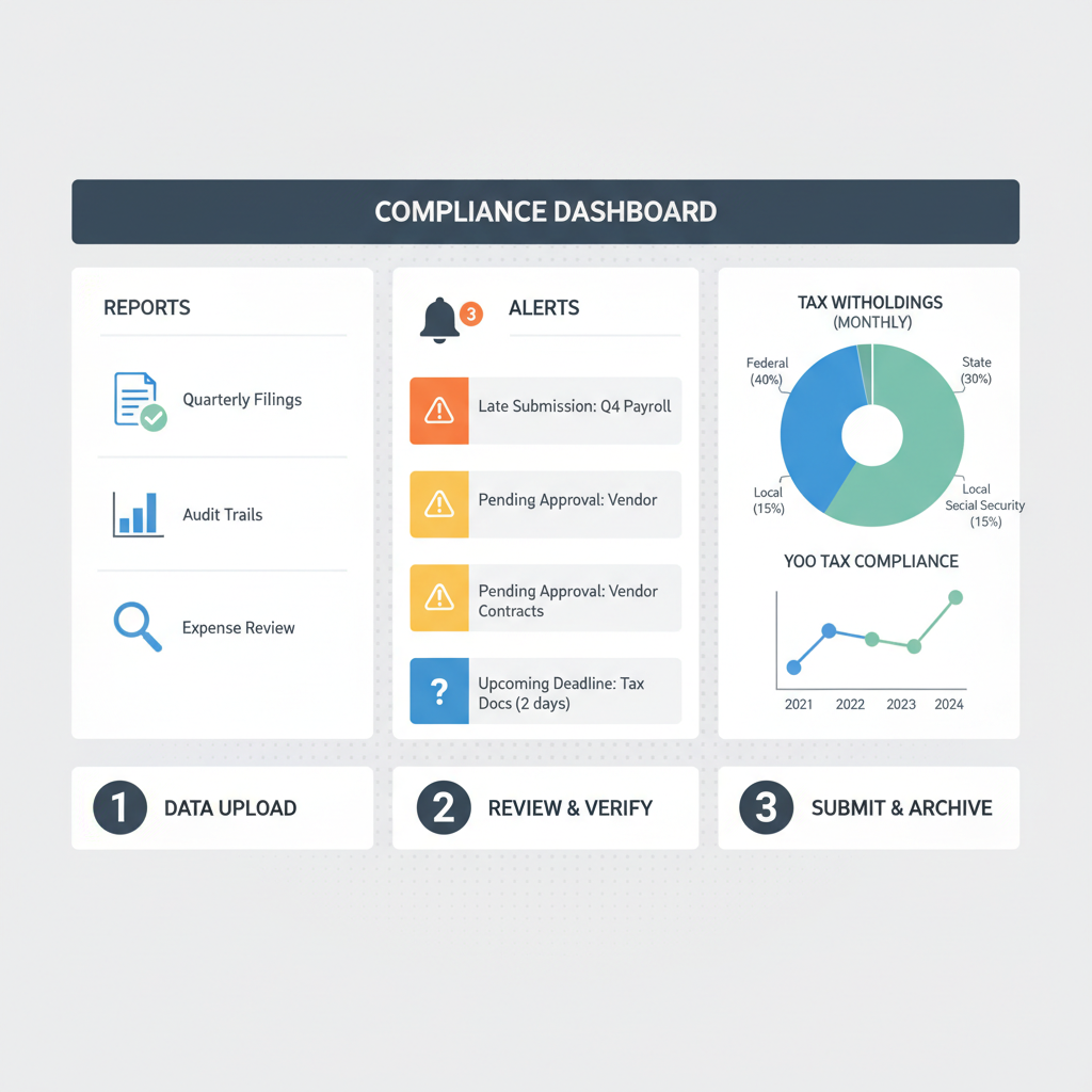 compliance dashboard with reports and alerts, charts of tax withholdings