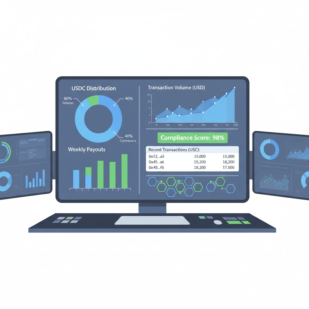 monitoring compliance dashboard for USDC payroll, charts graphs blockchain nodes, professional control room