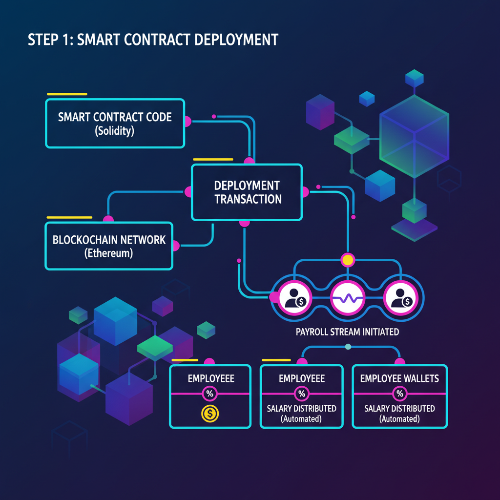 smart contract code deploying payroll stream graph, futuristic blockchain nodes