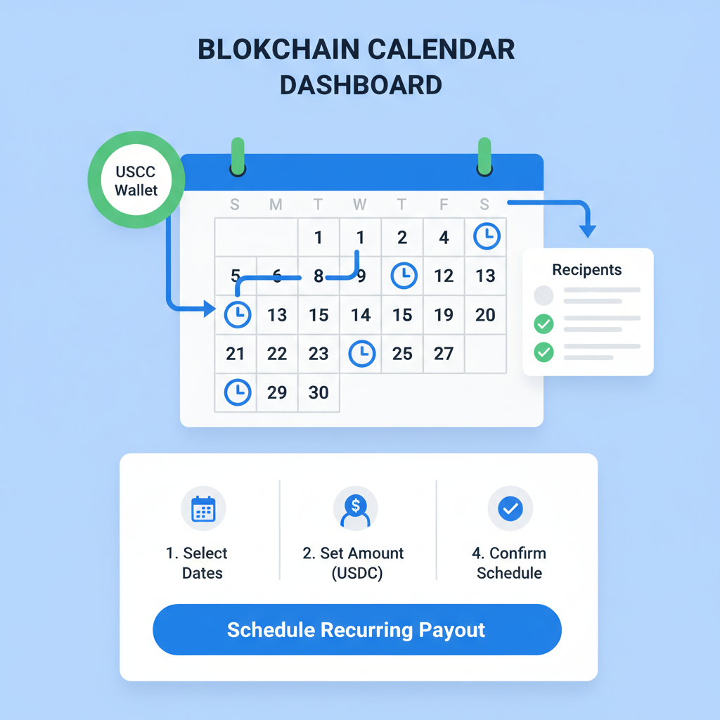 scheduling recurring USDC payouts on blockchain calendar dashboard, clock icons and stablecoin flows