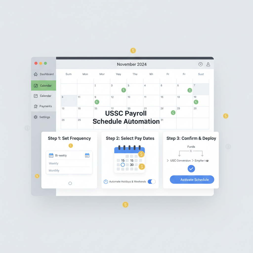 calendar interface with USDC payroll schedule settings, automated icons, professional design