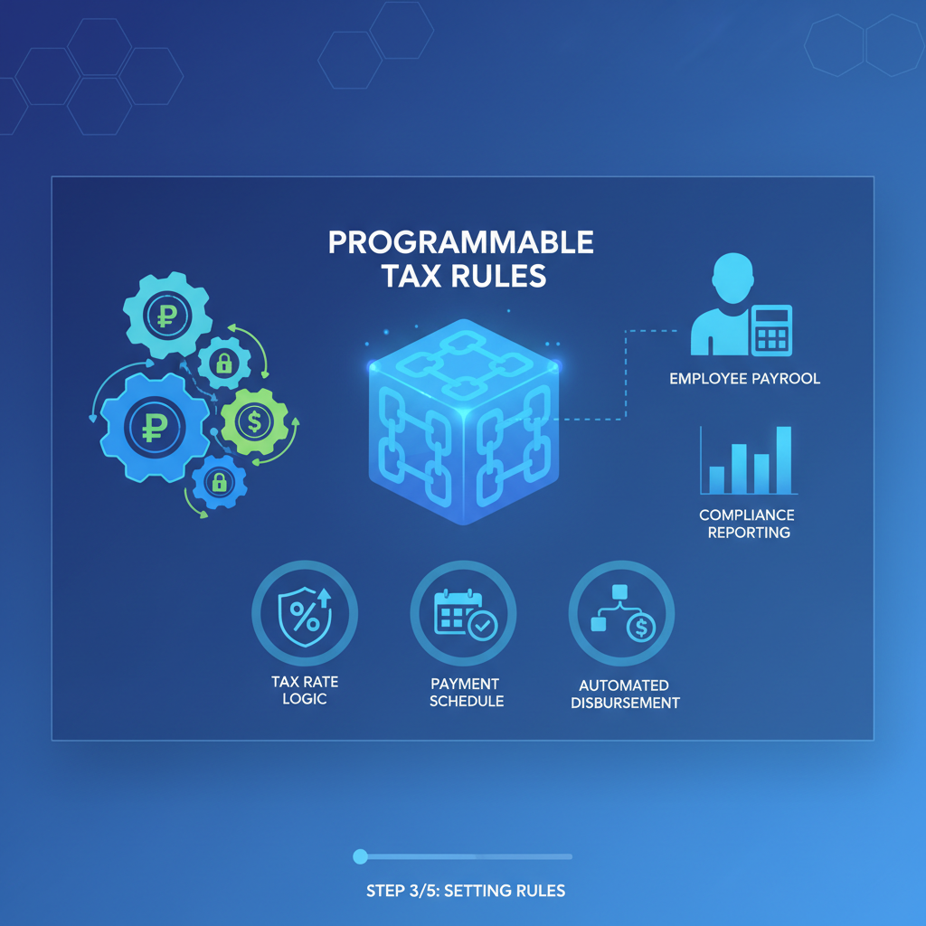 setting programmable tax rules on blockchain payroll interface, gears and tax icons, futuristic dashboard