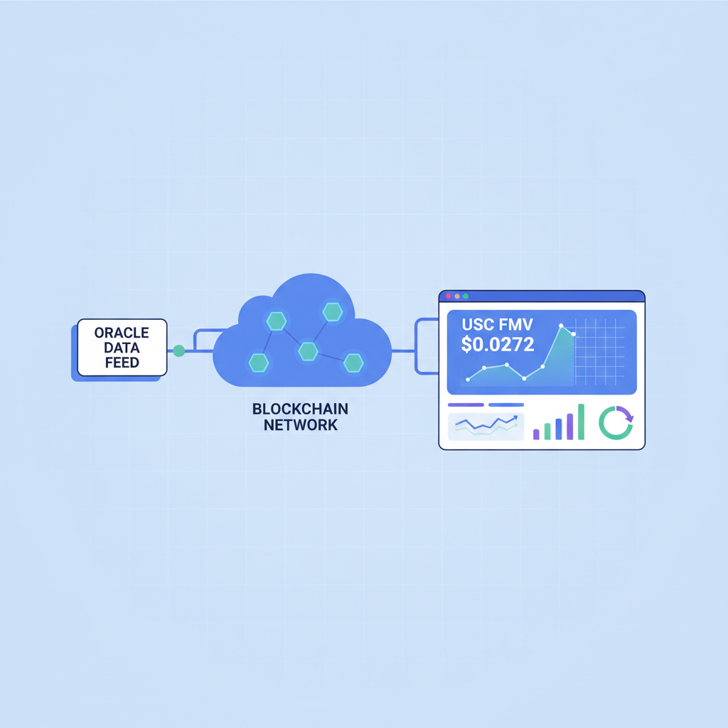 oracle data feed connecting to blockchain, price charts showing USDC FMV $0.0272, dynamic graphs, digital network nodes