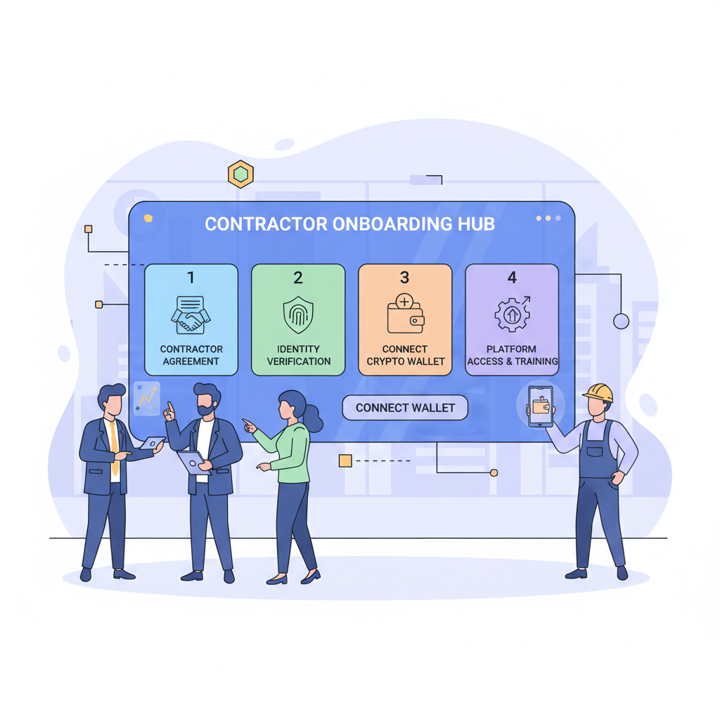 professional onboarding contractors to crypto wallets on blockchain dashboard, clean modern UI, strategic business setting