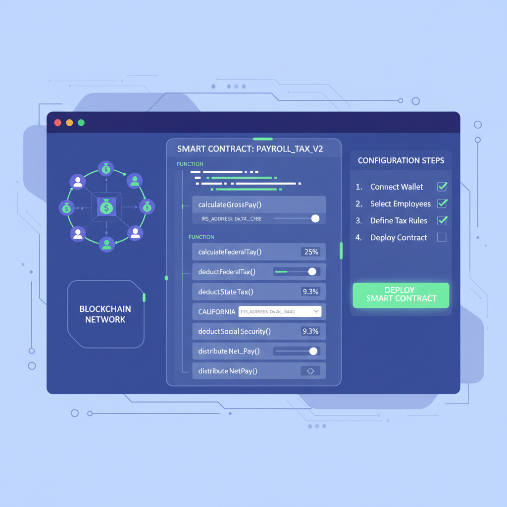 blockchain smart contract code interface configuring payroll tax deductions, futuristic digital dashboard