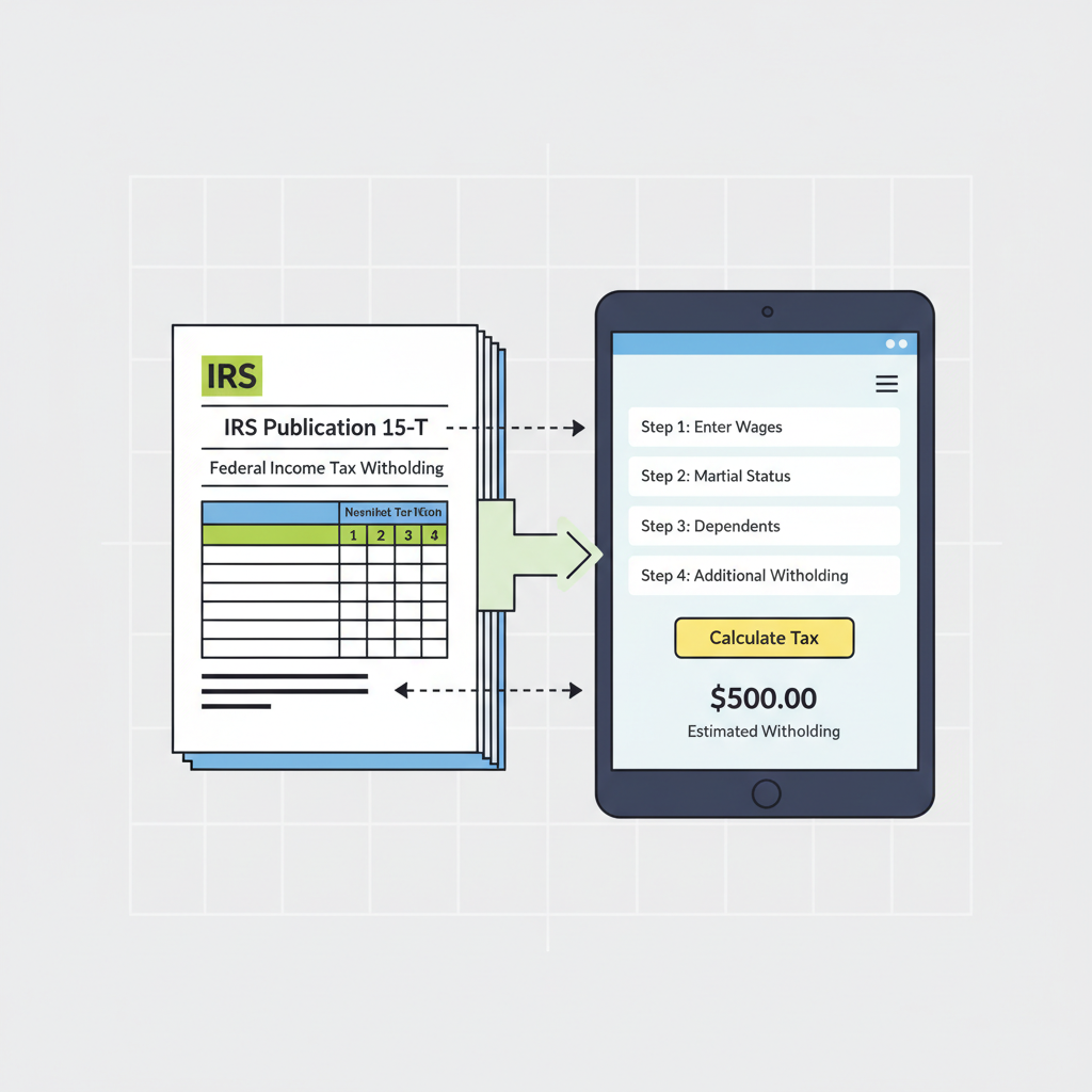 IRS Publication 15-T document transforming into digital withholding calculator interface